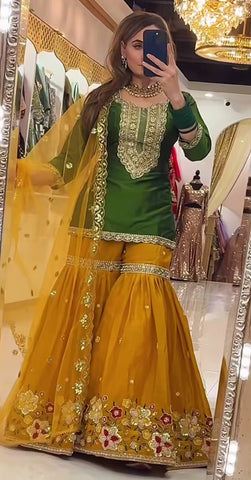 Stunning Green Faux Georgette Silk Embroidery Sharara Suit