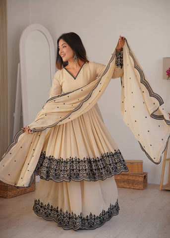 Gorgeous Cream Faux Georgette Embroidery Work Sharara Suit