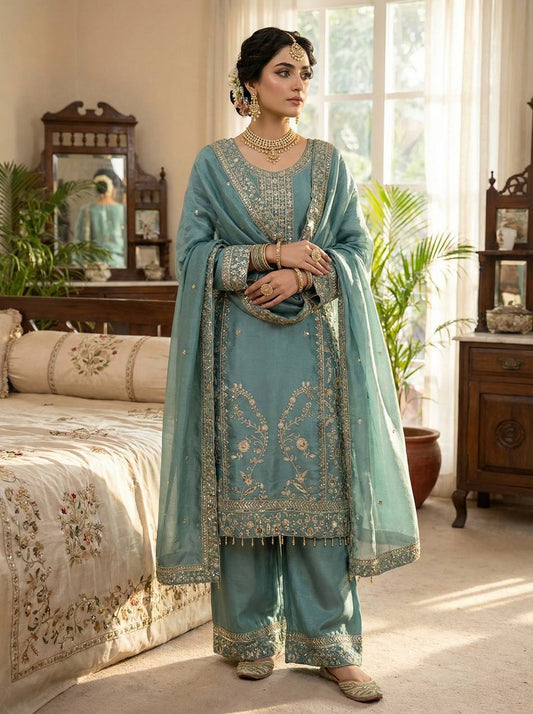 Wonderful Blue Silk with Embroidery Work Sharara Suit