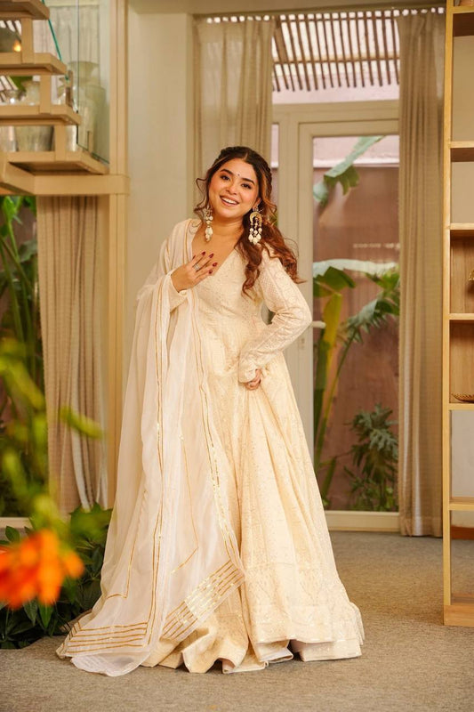 Cream Georgette Heavy Embroidery Anarkali Suit