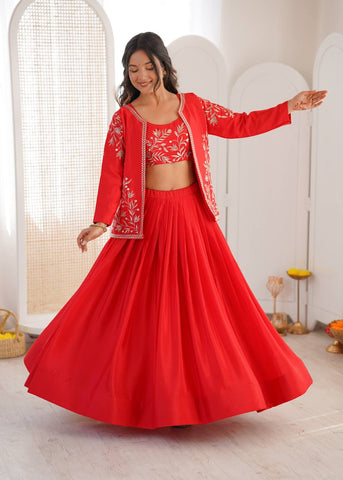 Stunning Red Havy Chinon Silk Plain Lehenga