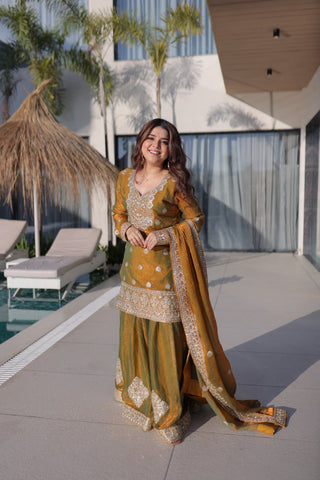 Captivating Fendi Chiffon with Zari Work Sharara Suit