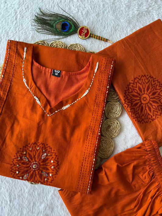 Beautiful Orange Cotton Hand Work Kurti