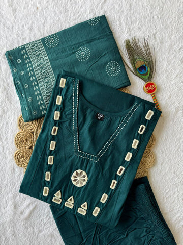 Opulent Dark Teal Cotton Mirror Work Kurti