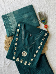 Opulent Dark Teal Cotton Mirror Work Kurti