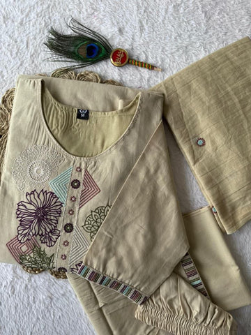 Exclusive Beige Pure Cotton Embroidery Work Suit