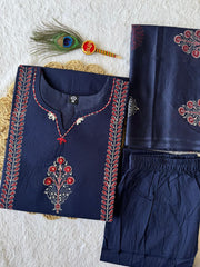 Classic Navy Blue Cotton with Block Work Kurti Set