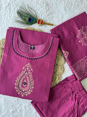 Rani Pink Cotton with Mirror Hand Work Kurti Set
