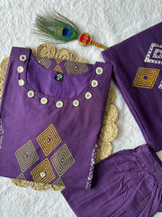 Lovely Purple Cotton with Real Mirror Hand Work Kurti Set