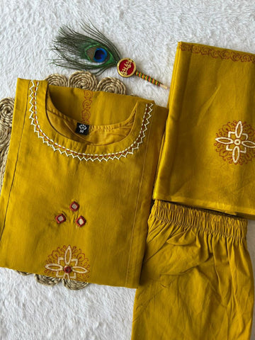 Mustard Cotton with Mirror Hand Work Kurti Set