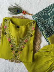 Amazing Green Lichi Silk Jacquard Work Kurti Suit