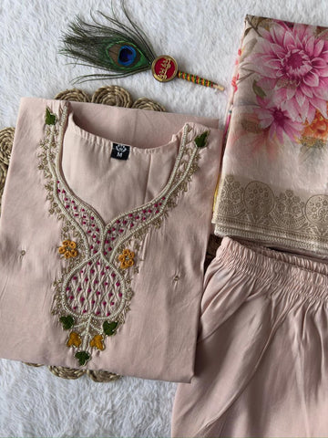 Charming Light Peach Premium Roman Silk Hand Work Suit
