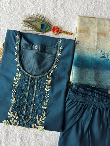 Lovely Blue Premium Roman Silk Hand Work Suit