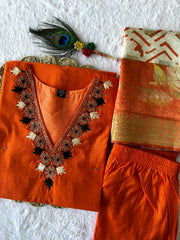 Exclusive Orange Roman Silk with Hand Work Kurti Set