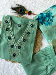 Pista Green V-Neck Floral Embroidered Kurti Set