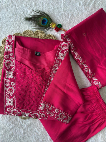 Awesome Pink Color Embroidery Work Kurti Suit