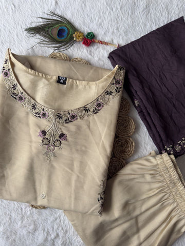 Exclusive Beige Premium Silk Embroidery Work Kurti Set