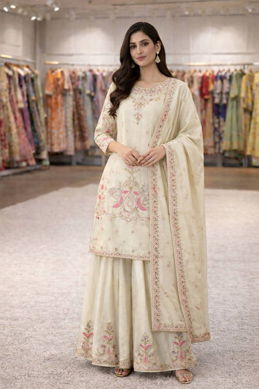 Heavy Chinon Silk Cream Embroidery Thread Work Sharara Suit