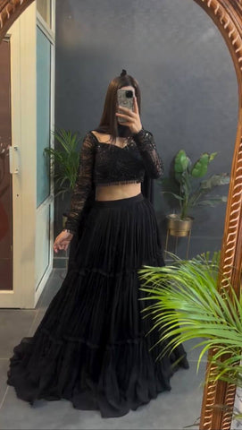 Gorgeous Black Foux Georgette Ruffle Work Lehenga Choli