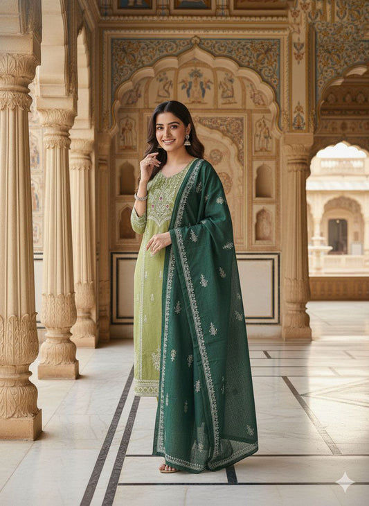 Pista Green Cotton Hand Block Print Suit