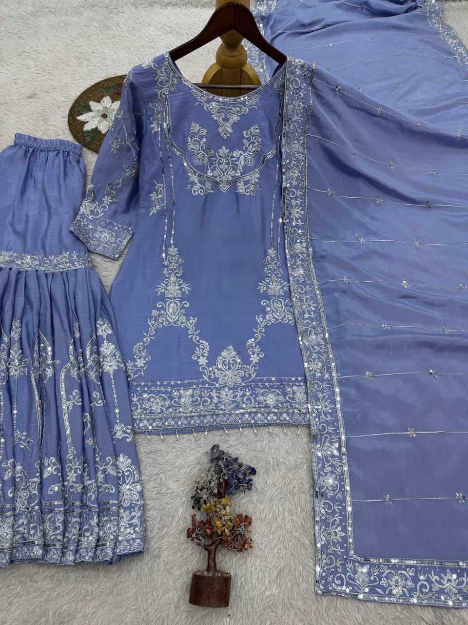 Alluring Blue Embroidery Work Sharara Suit