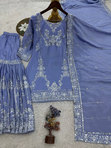 Alluring Blue Embroidery Work Sharara Suit