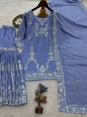 Alluring Blue Embroidery Work Sharara Suit