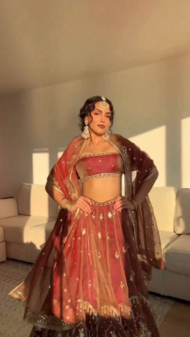 Exclusive Rust Silk With Thread Work Lehenga Choli