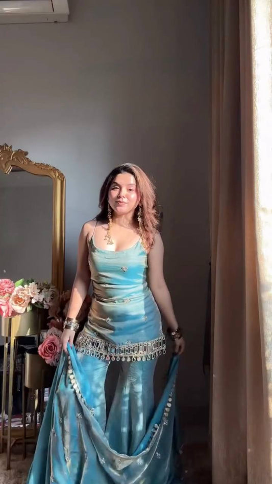 Blue Fendy Silk Thread Work Sharara Suit