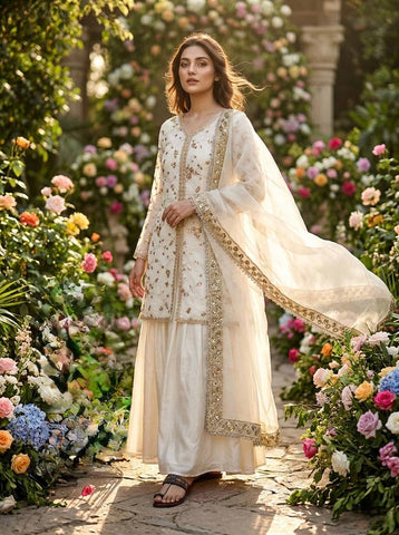 Amazing Green Silk with Embroidery Palazzo Suit