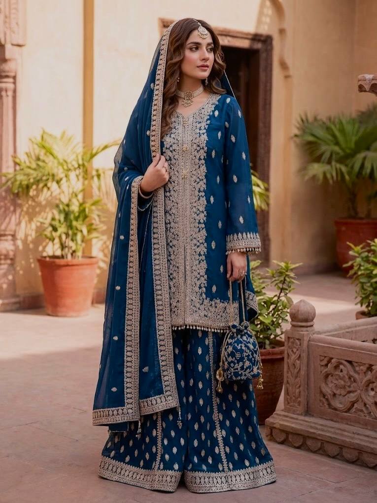 Luxuriant Fuax Georgette Sequins Work Sharara Suit