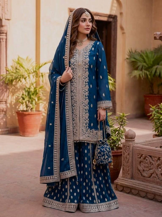 Luxuriant Fuax Georgette Sequins Work Sharara Suit
