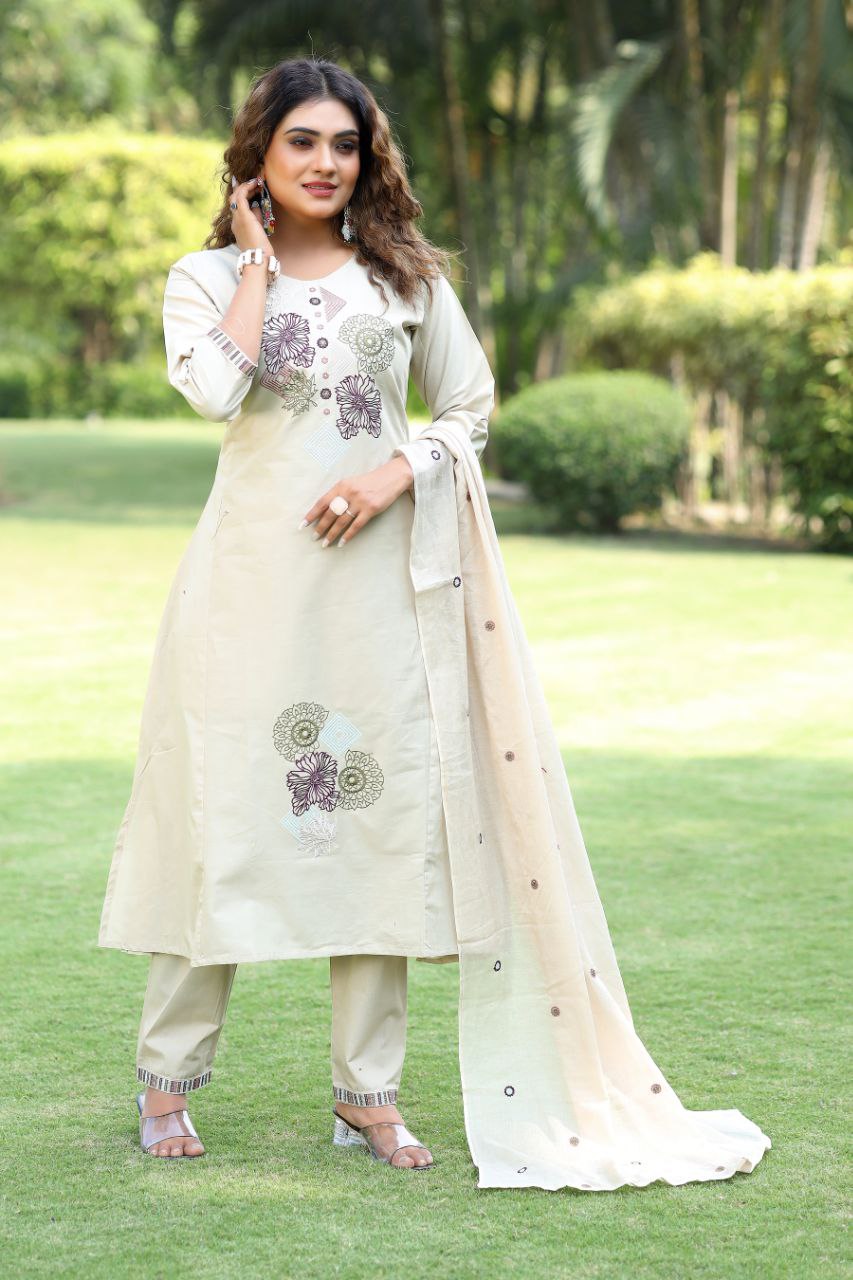 Exclusive Beige Pure Cotton Embroidery Work Suit