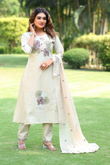 Exclusive Beige Pure Cotton Embroidery Work Suit