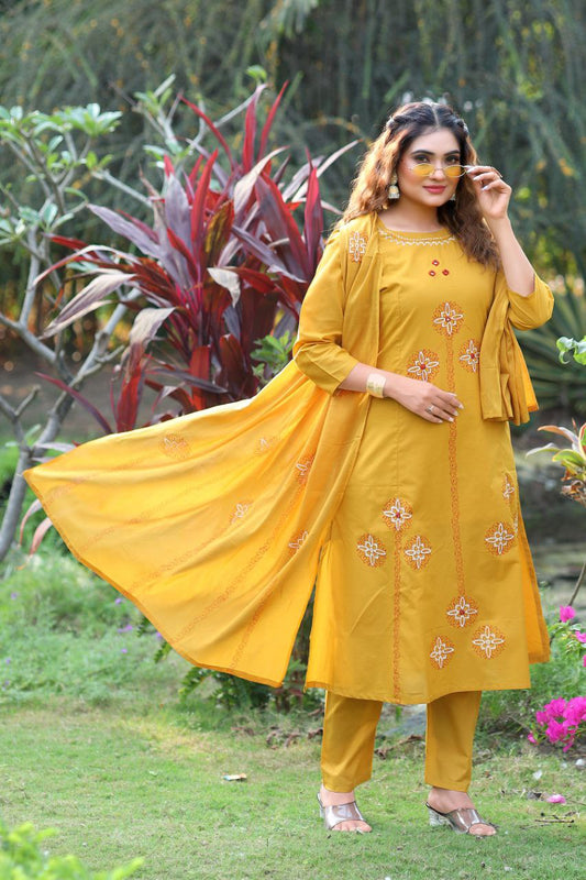 Mustard Cotton with Mirror Hand Work Kurti Set