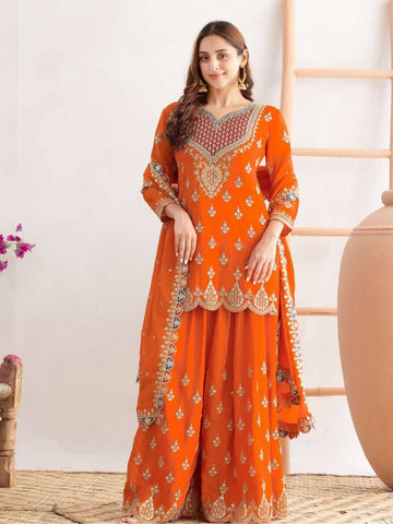 Stylish Chinon Silk Embroidery Work Sharara Suit
