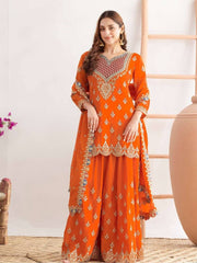 Stylish Chinon Silk Embroidery Work Sharara Suit