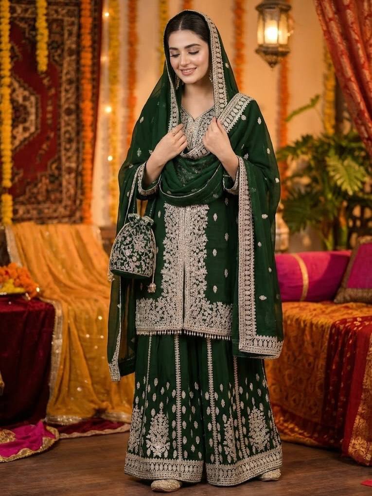 Beautiful Fuax Georgette with Heavy Sequin Work Sharara Suit
