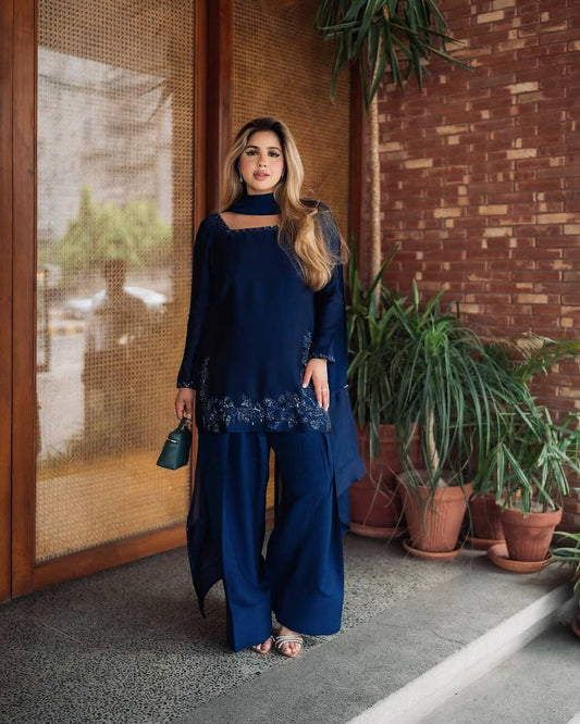 Stylish Blue Embroidery Sequence Work Sharara Suit