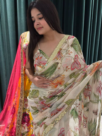 Mesmerizing Cream Silk Print Work Saree