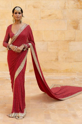 Lovely Red Faux Georgette Jari Work Saree