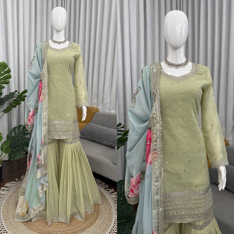 Adorable Pista Green Sequence Work Sharara Suit