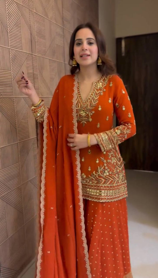 Orange Heavy GeorgetteThread Work Sharara Suit