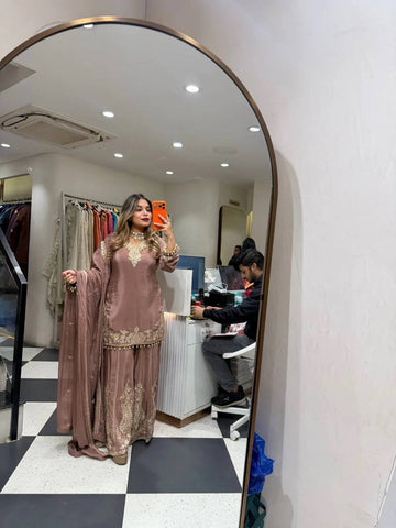 Stunning Brown Heavy Natural Crepe with Intricate Thread Work Sharara Suit