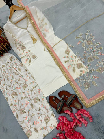 Charming White Satin with Sequence Work Sharara Suit