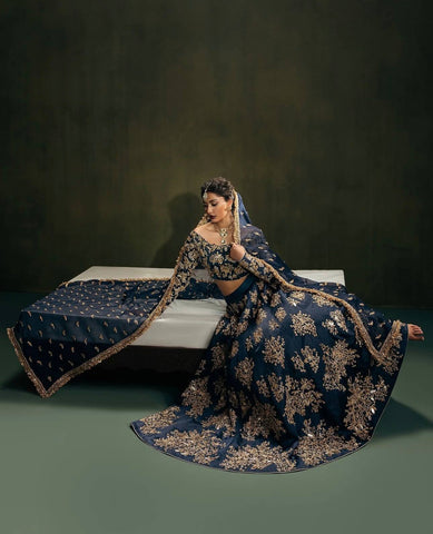 Wedding Navy Blue Polo Silk Zari Work Lehenga Choli