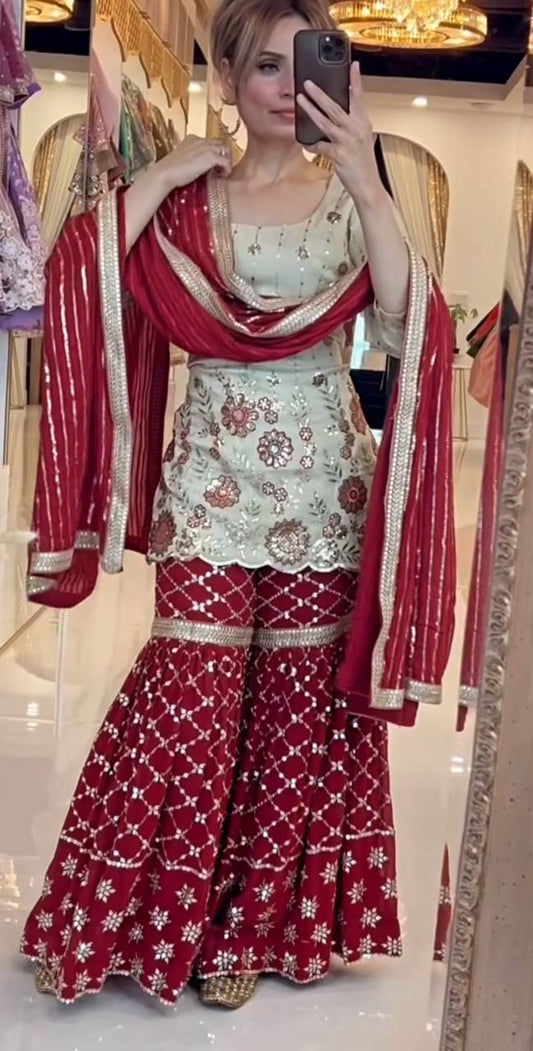 Trendy Red and White Silk with Sequence Work Sharara Suit