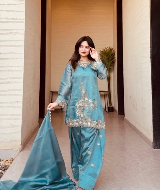 Amazing  Aqua Blue Silk Embroidery Work Sharara Suit