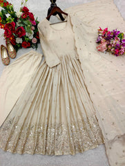 Amazing Beige Pure Cinon Silk with Sequin Work Gown