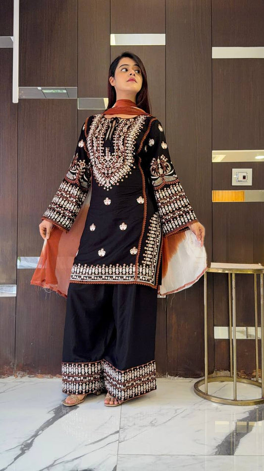 Lovely Black Rayon Cotton Embroidery Work Sharara Suit